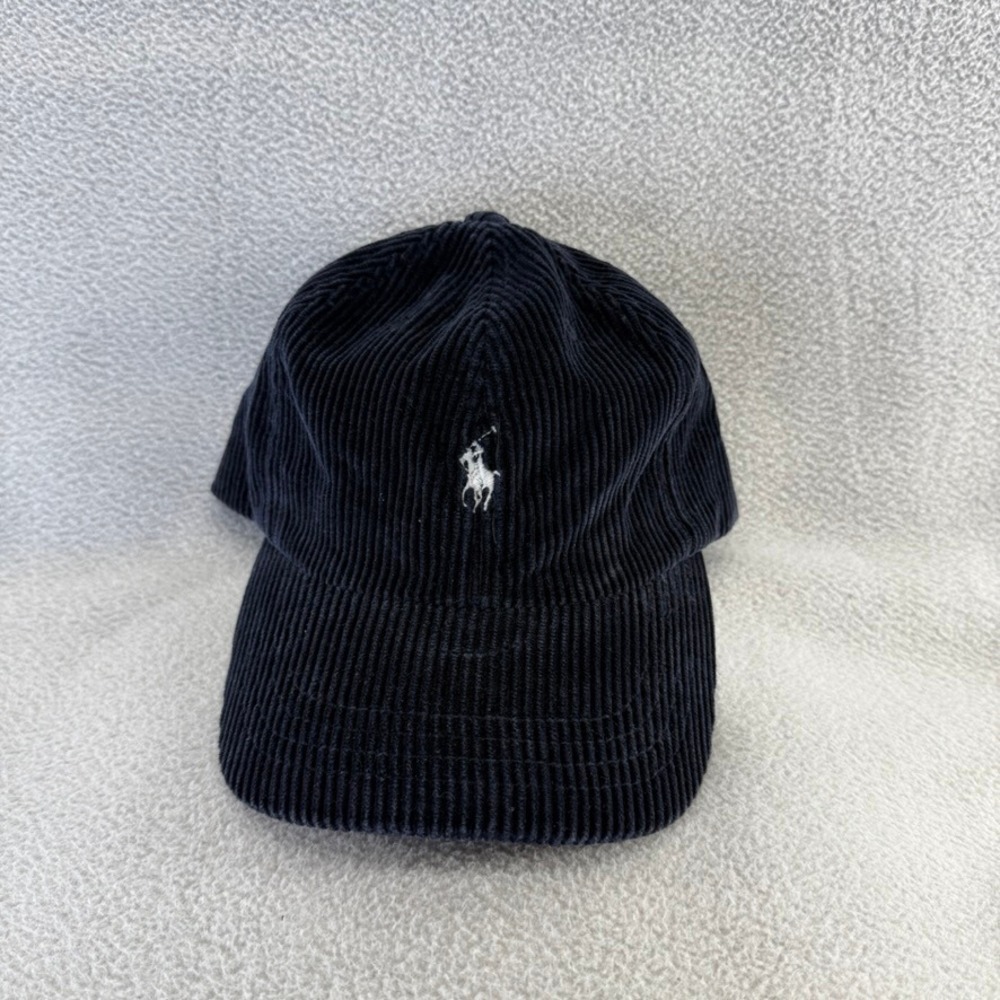 Vintage Ralph Lauren Hat Mens OS Navy Blue Pony Logo Leather Strap Corduroy 90s
